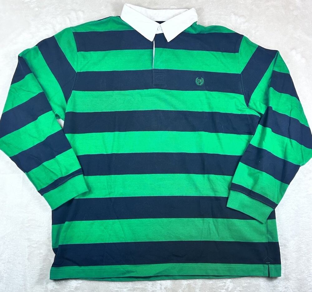 Chaps Rugby Shirt Mens Size XL Navy Blue Green Striped Long Sleeve Cotton Polo